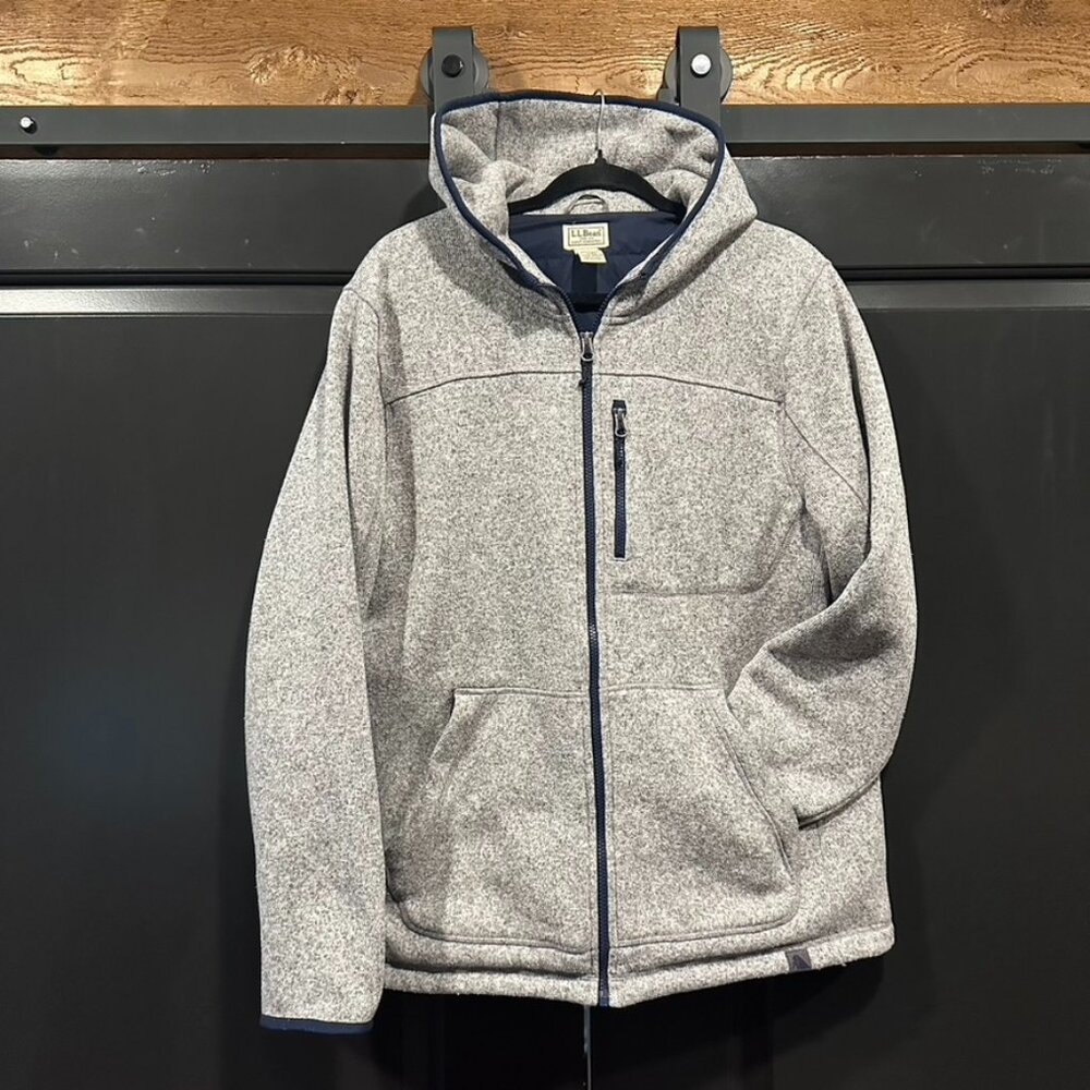 Grey  LL Bean Hooded Sweater with Quilted Navy Lining